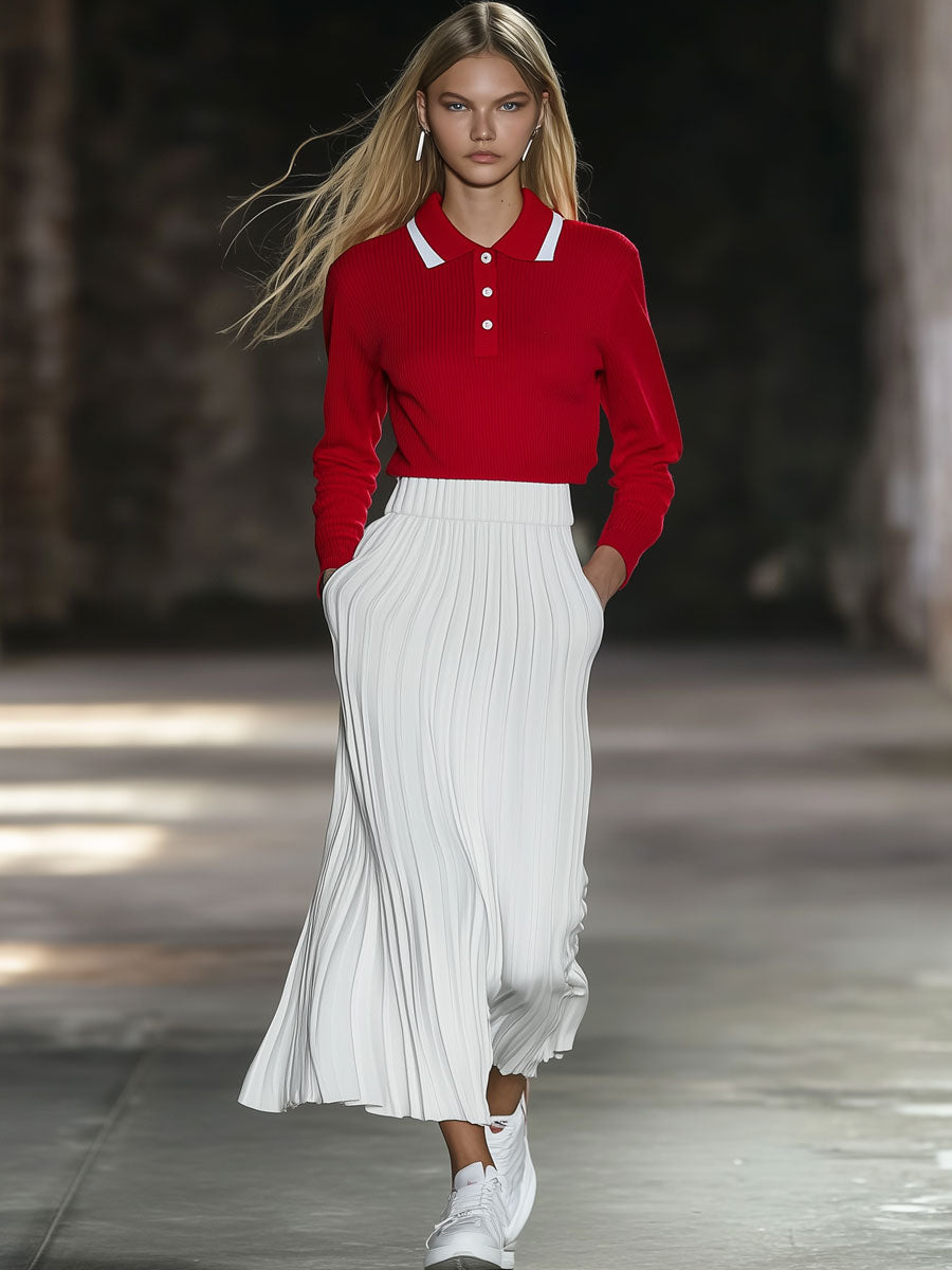 Fashion Sports Knitted Red Polo Shirt And White Pleated Skirt Set