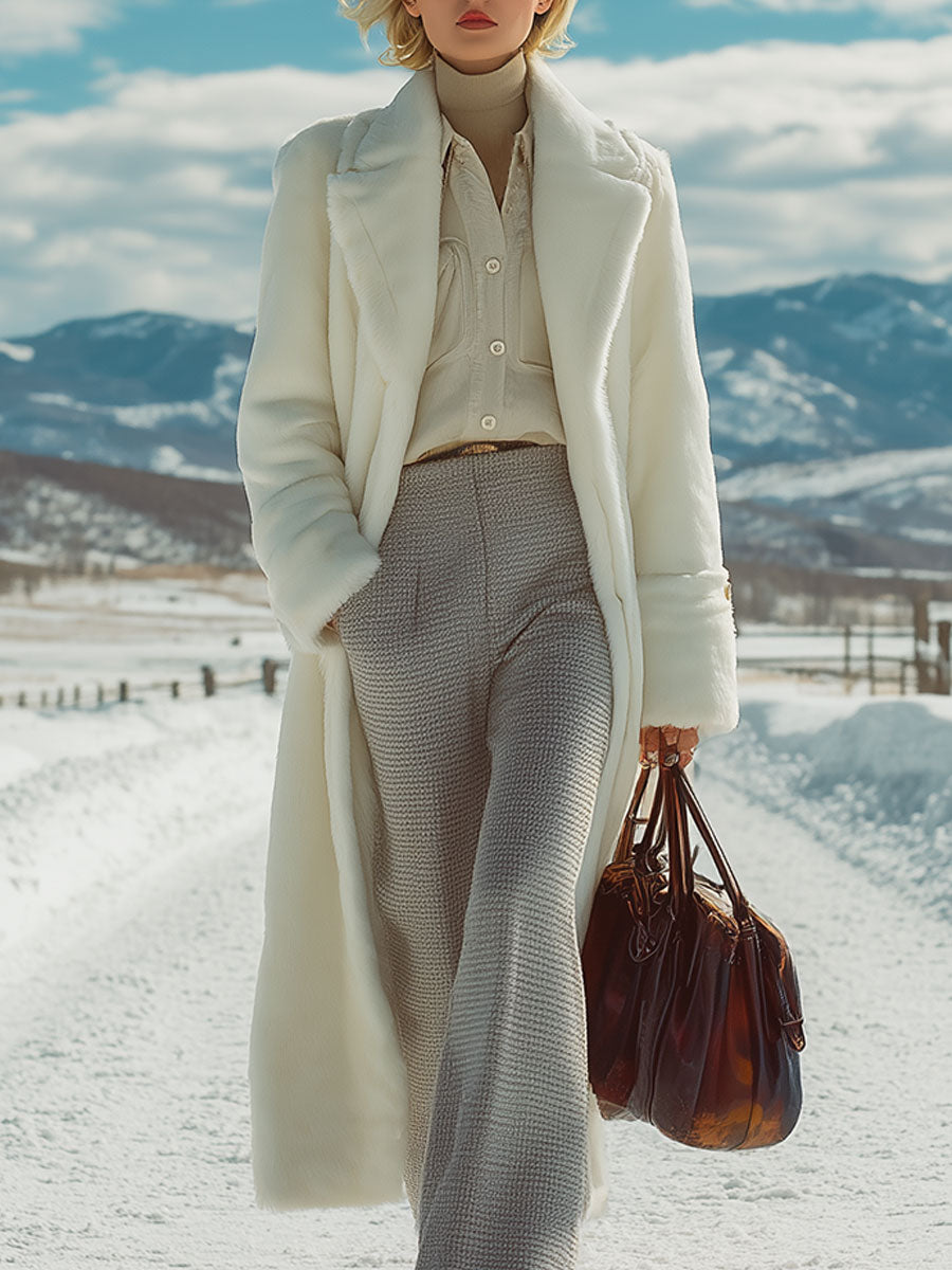 Elegant Classic Lapel White Long Faux Fur Coat