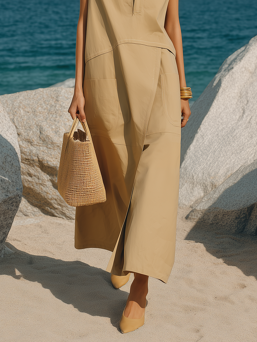 High-end Chic Sleeveless Light Khaki Maxi Dress