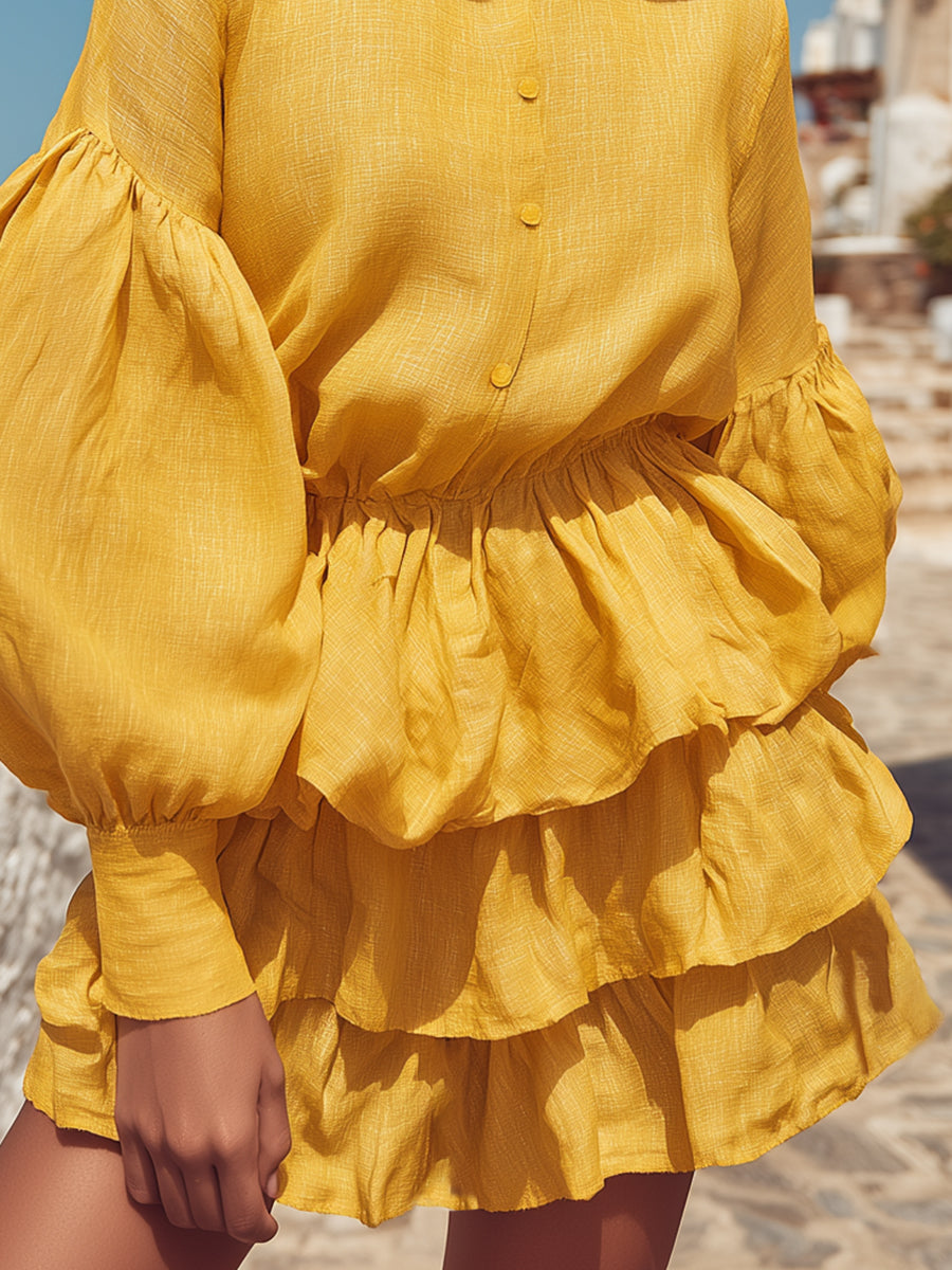 Vacation Casual Pale Yellow Cotton Linen Round Neck Ruffled Mini Dress