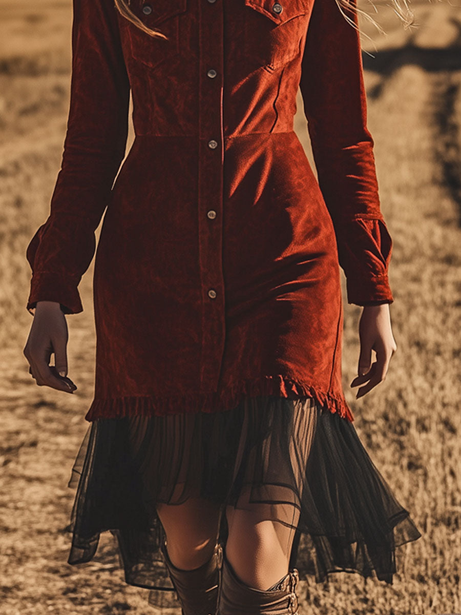 Western Vintage Long Sleeve Red Suede Ruffled Mesh Mini Dress