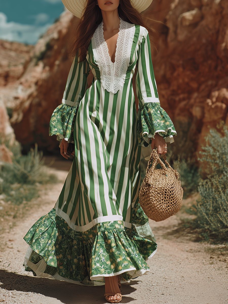 Loose-fitting Bohemian V-neck Lace And Printed Satin Maxi Dress