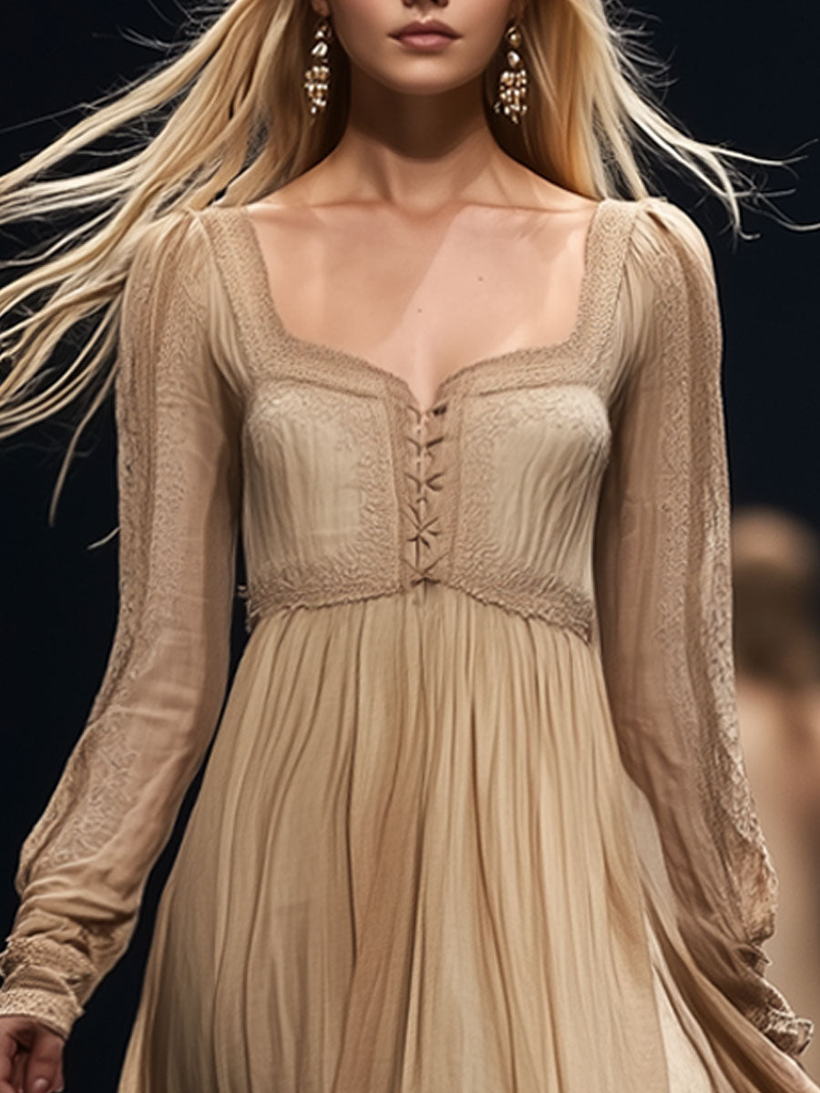 Elegant And Romantic Champagne Chiffon Lace Long-Sleeved Maxi Dress