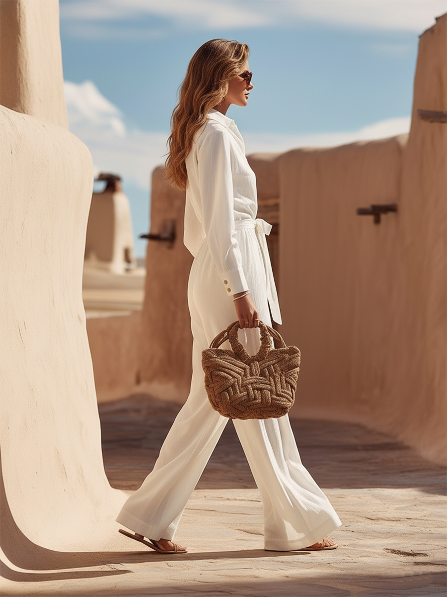 White Bohemian-style Crinkle Fabric Jumpsuit