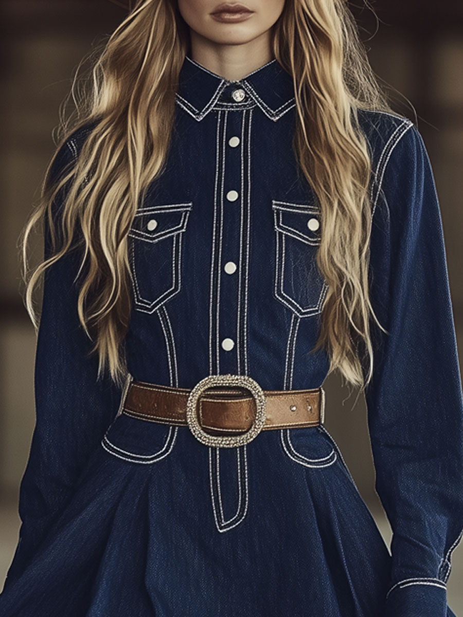 Vintage White Topstitched Dark Blue Denim Long-Sleeved Mini Dress