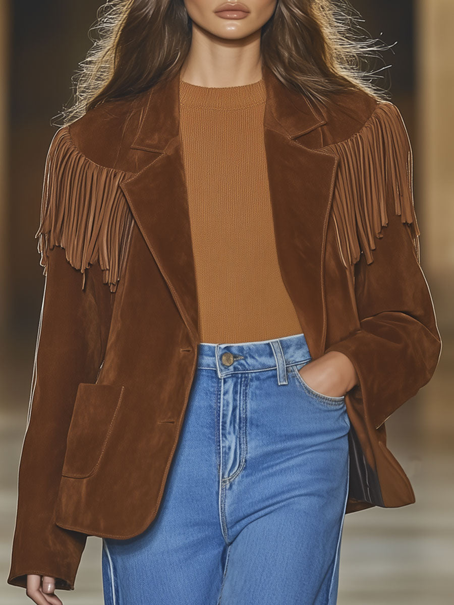 Casual Western Vintage Brown Suede Tassel Blazer