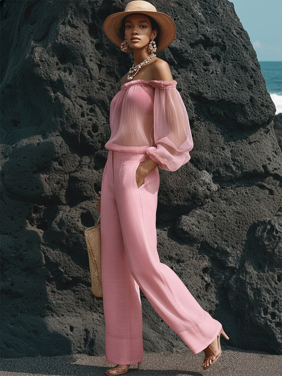 Luxury Resort Style Dusty Rose Pink Chiffon Off-Shoulder Top And Linen Wide-Leg Pants Set