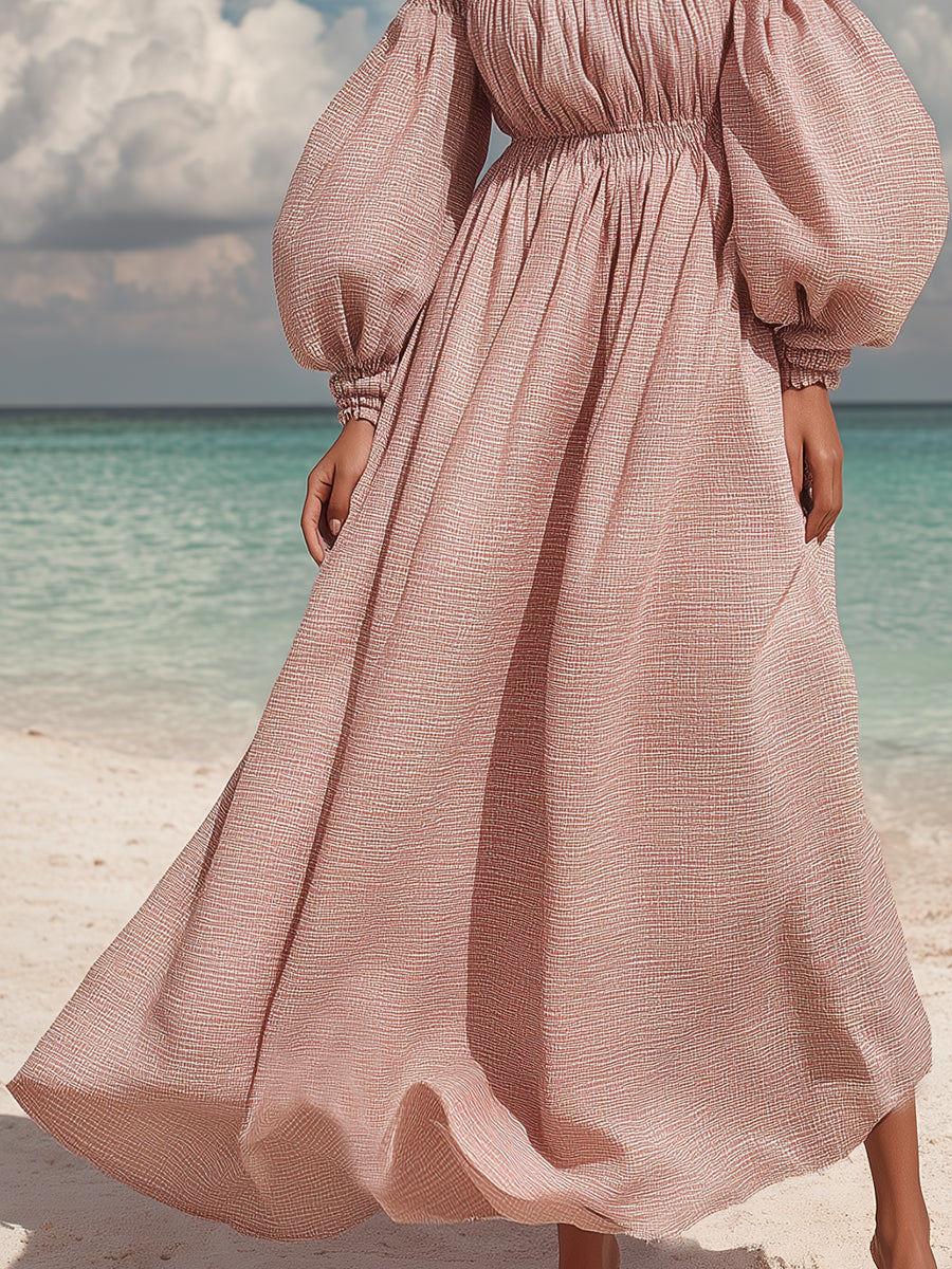 French Romantic Dusty Rose Pink Off-shoulder Puff Sleeve Midi Dress