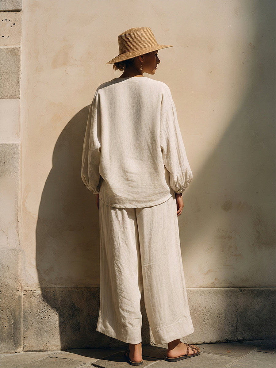 Relaxed Vacation Style: Black Embroidered Top And Wide-leg Pants Cotton-linen Set