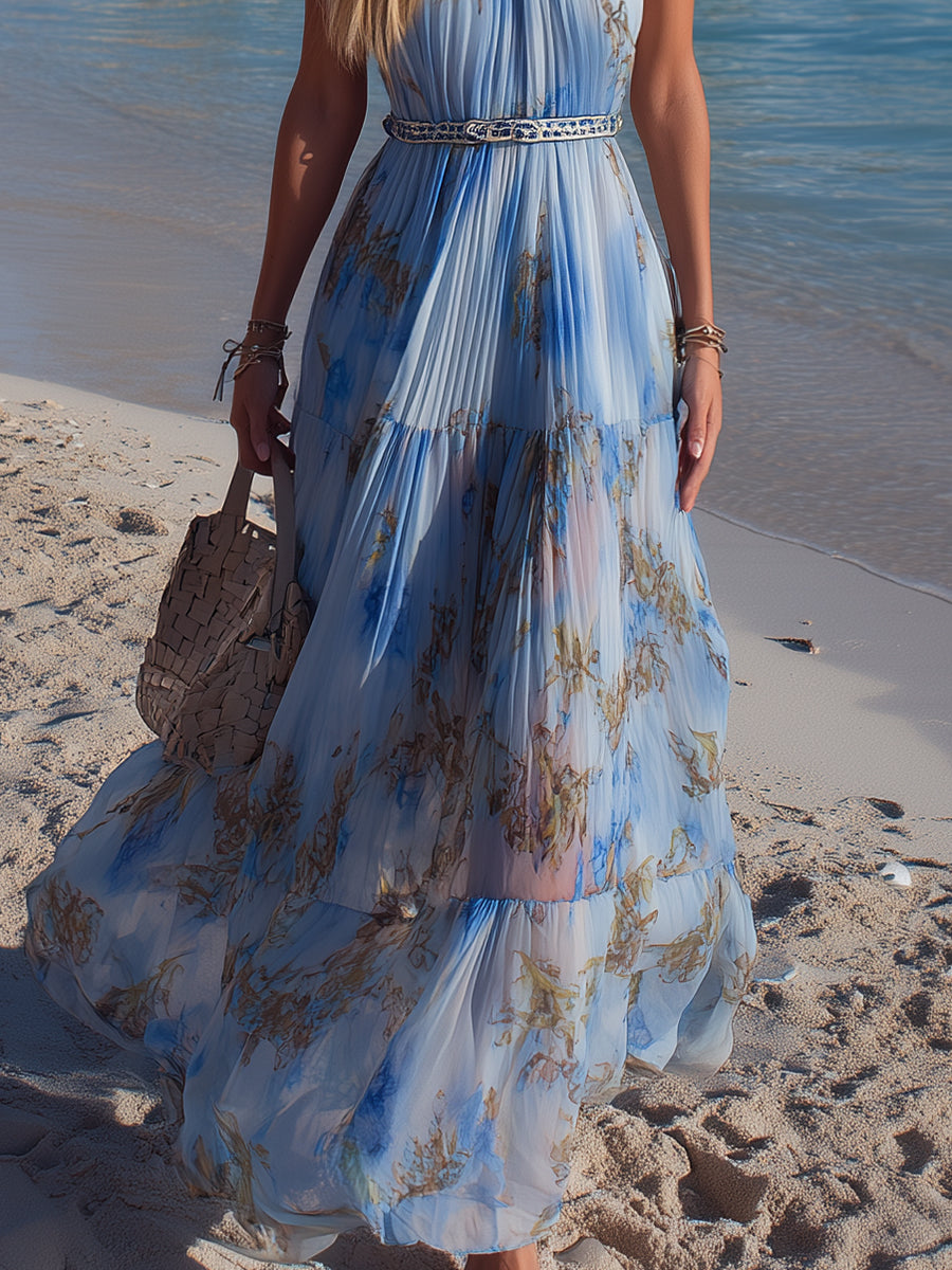Bohemian Resort Chiffon Print Halter Neck Pleated Maxi Dress