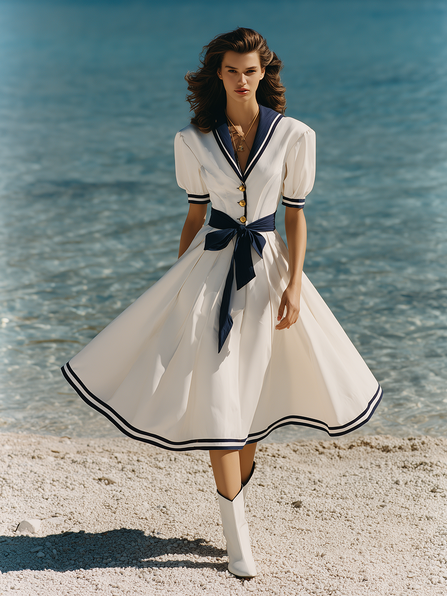 Navy Collar Resort Style White Short-sleeved Midi Dress