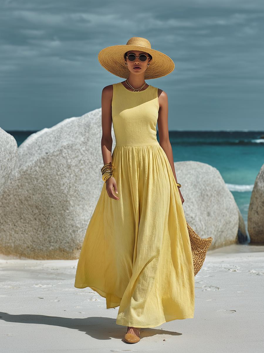 Minimalist Sleeveless Yellow Cotton Linen Maxi Dress