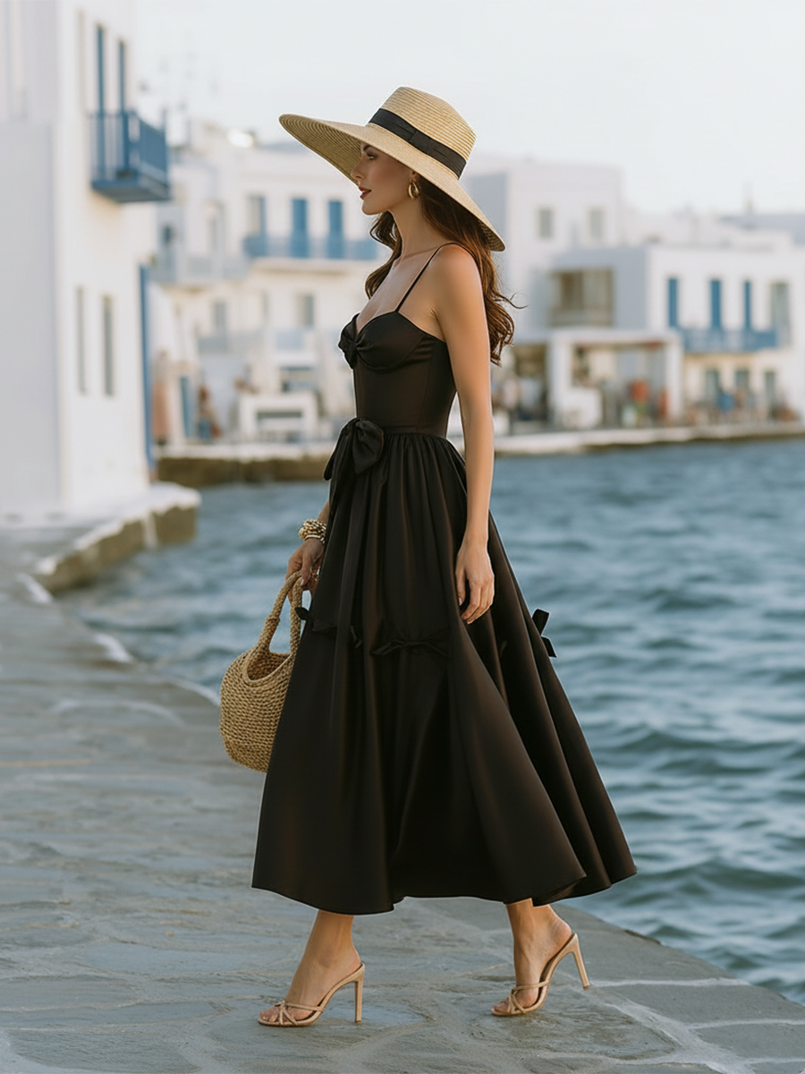 Classic And Elegant Thin Straps And Bow Black Satin A-line Midi Dress