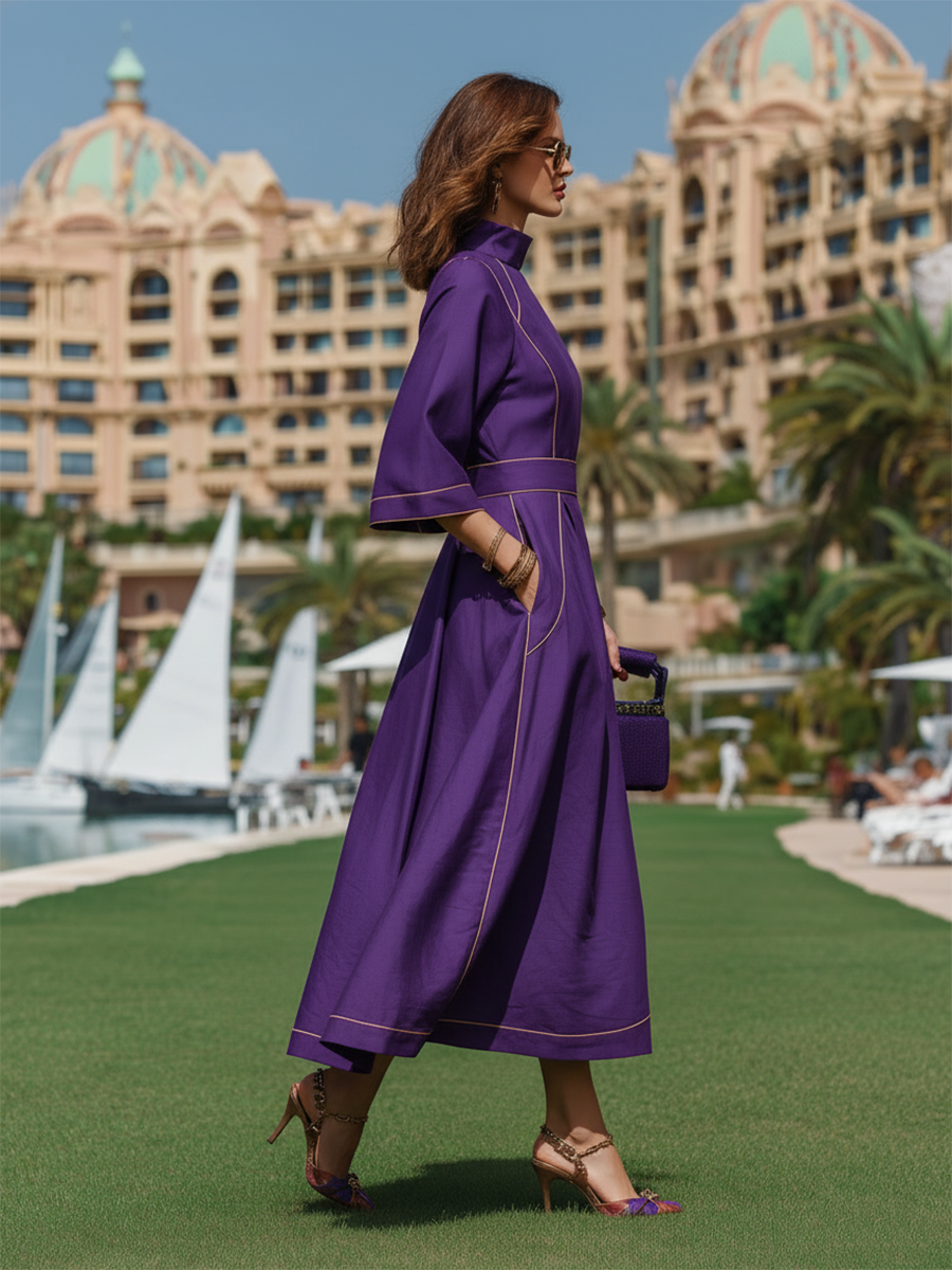 Vacation-style Purple High-neck Long-sleeved Midi Dress