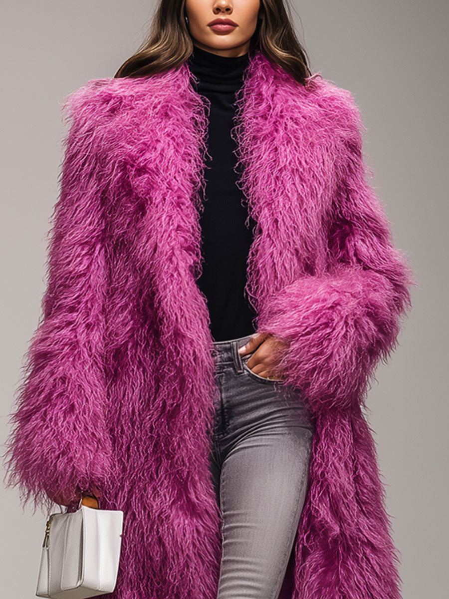 Dragon Fruit Colored Lapel Warm Eco-friendly Fur Coat