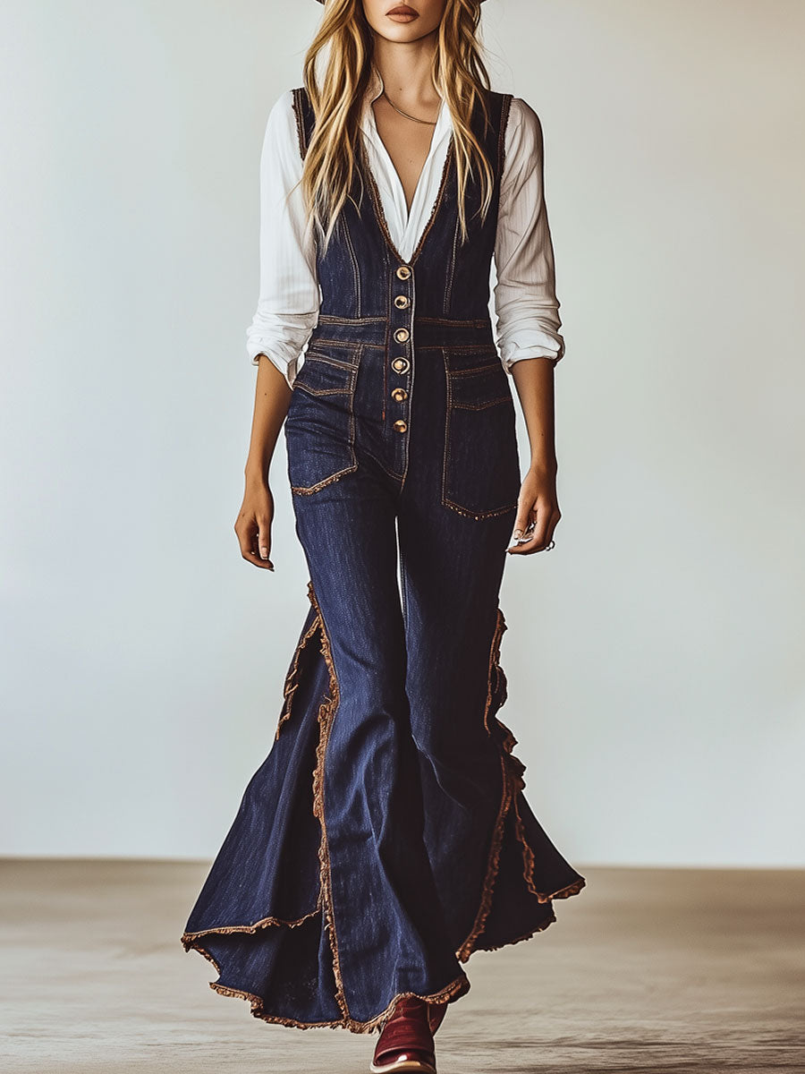 Retro Casual Lace Ruffle Dark Blue Denim Sleeveless Jumpsuit