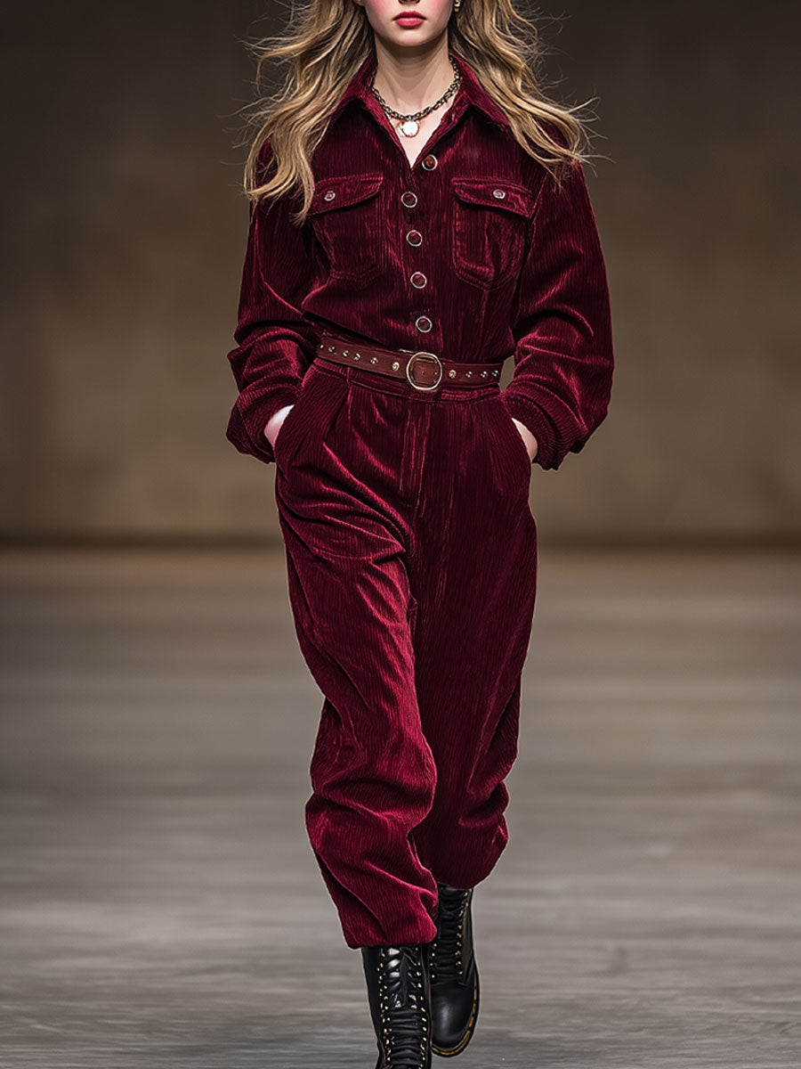 Retro Casual Burgundy Corduroy Lapel Long-Sleeved Jumpsuit
