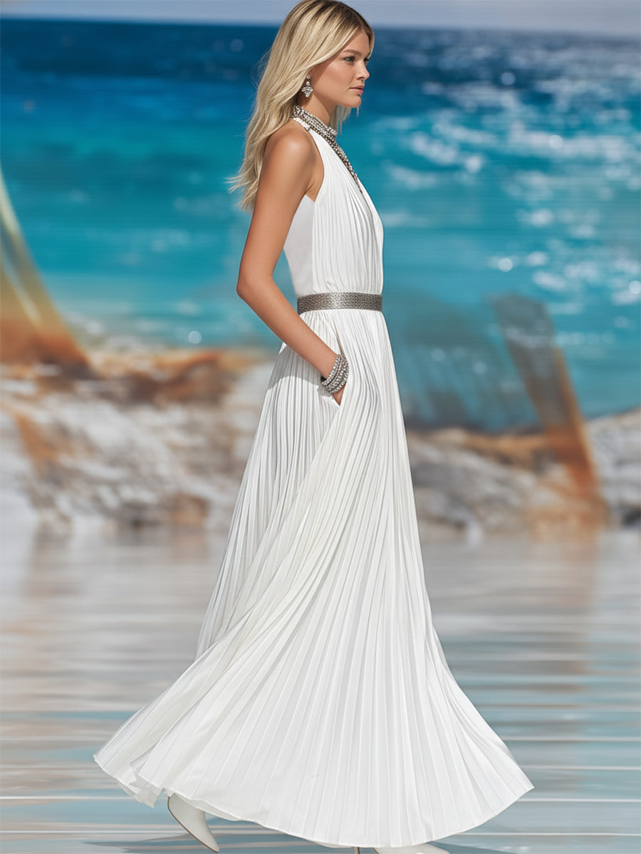Luxury Resort White Pleated Satin V-Neck Rhinestone Belt Maxi Dress