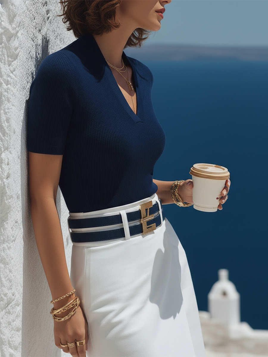 Elegant Navy Blue V-neck Short-sleeved Knitted Top