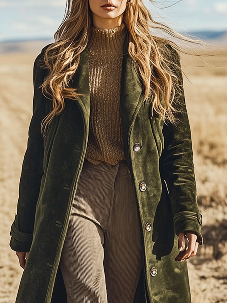 Casual Loose Western Vintage Army Green Velvet Long Coat