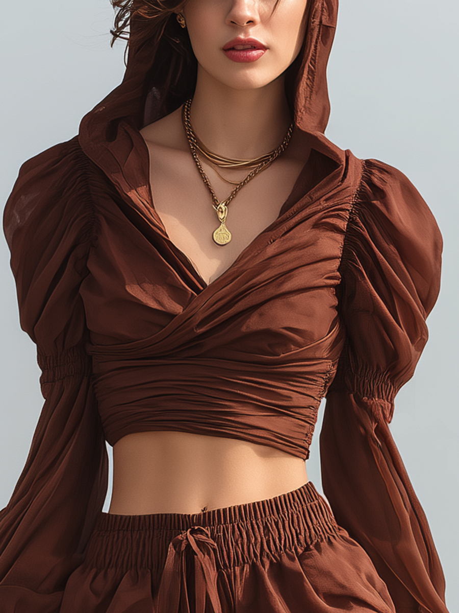 Vacation-style Chiffon V-neck Long-sleeved Top And Shorts Set