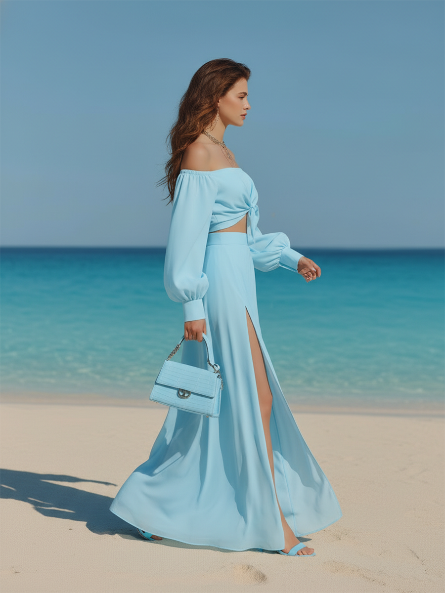 Vacation-style Blue Chiffon Off-the-shoulder Top And Skirt Set