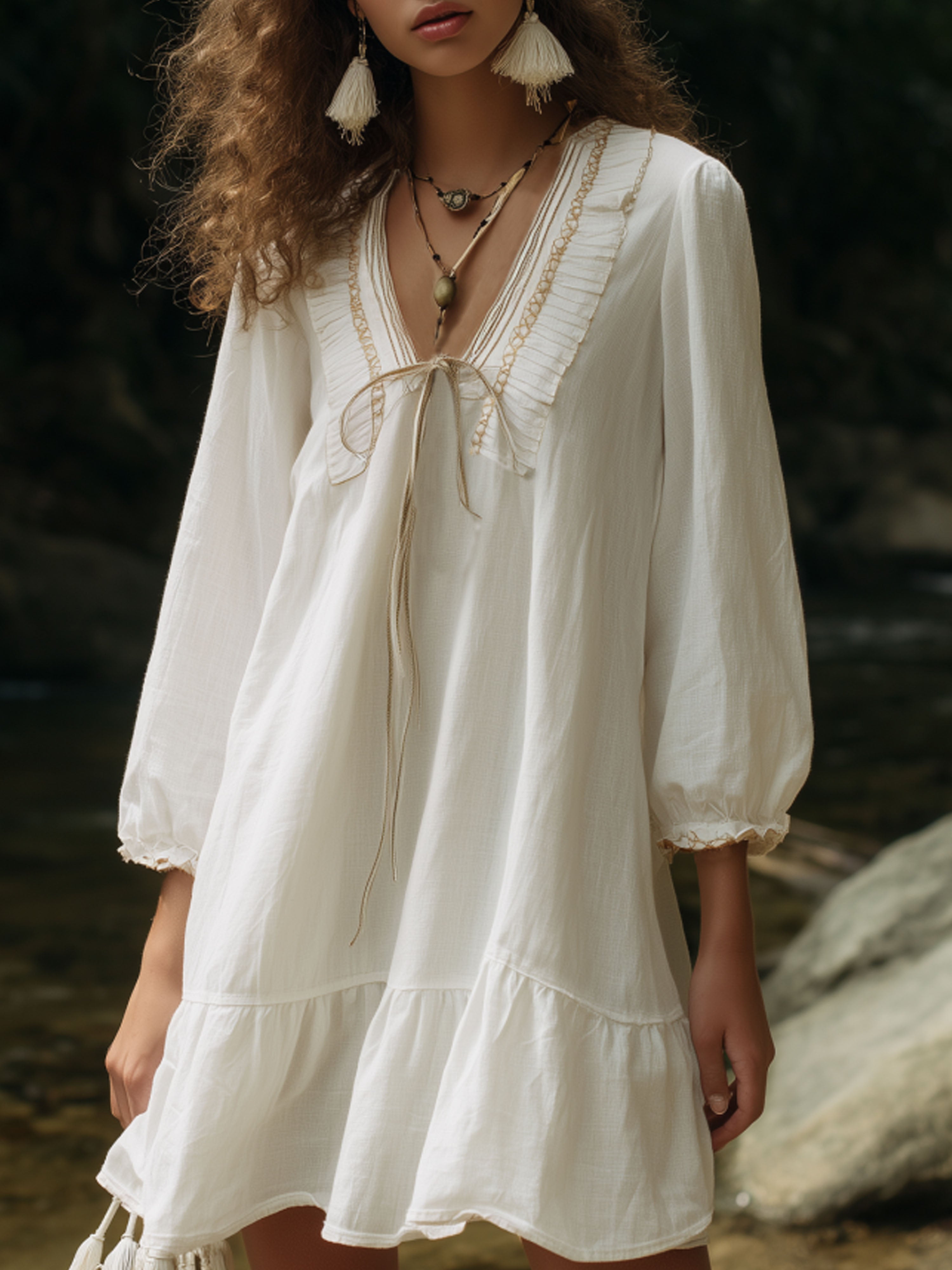 Beach Vacation White Cotton Linen Bubble Sleeve Mini Dress