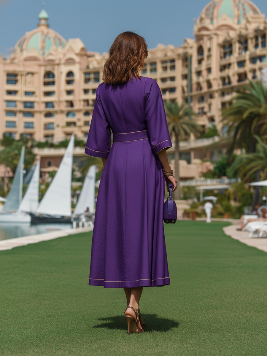 Vacation-style Purple High-neck Long-sleeved Midi Dress