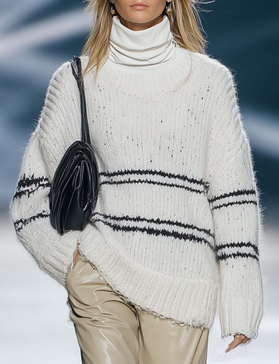 High-End Fashion Loose Black And White Knitted Sweater