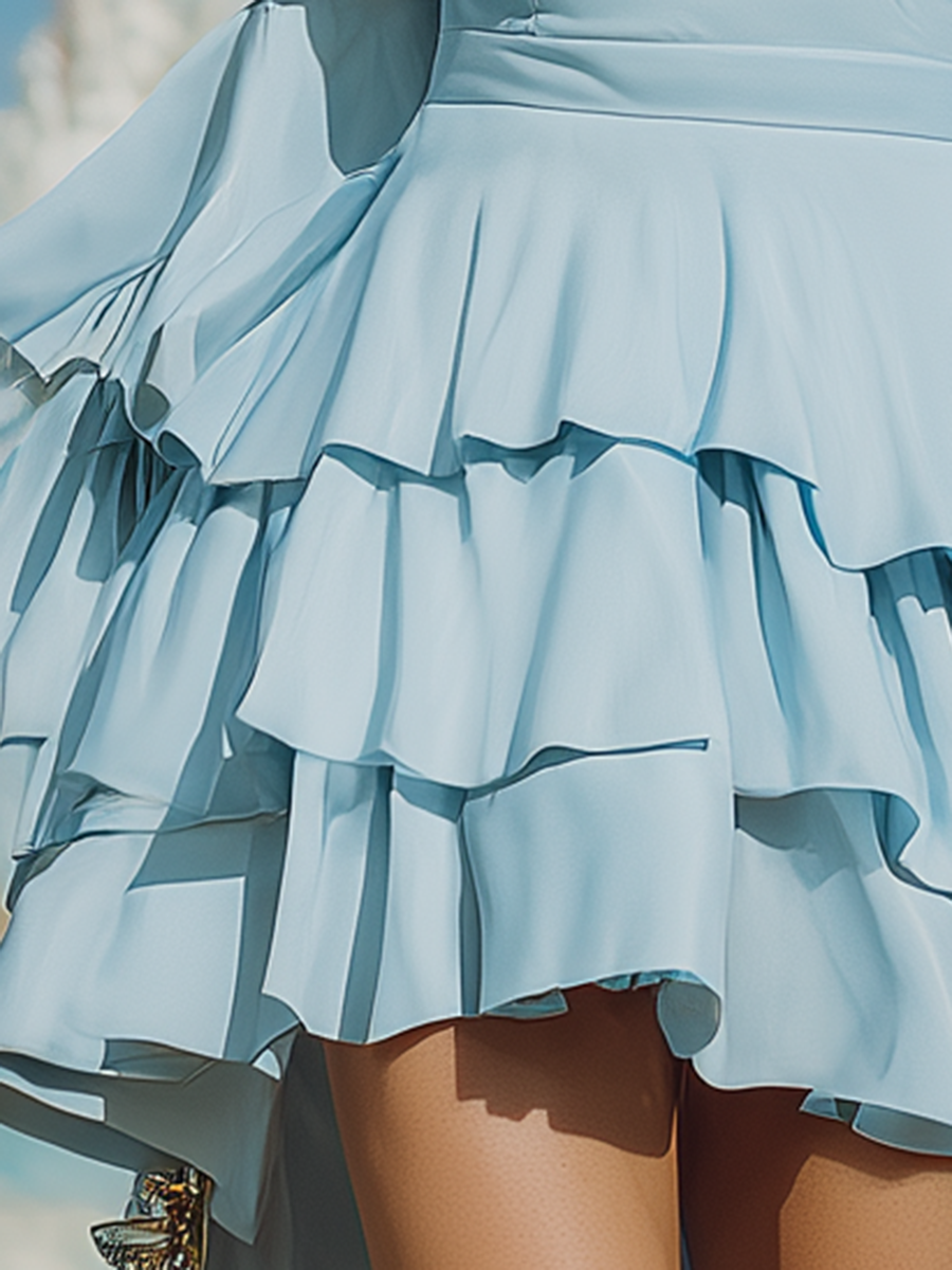 Vacation-style Blue Round-neck Cotton Midi Dress