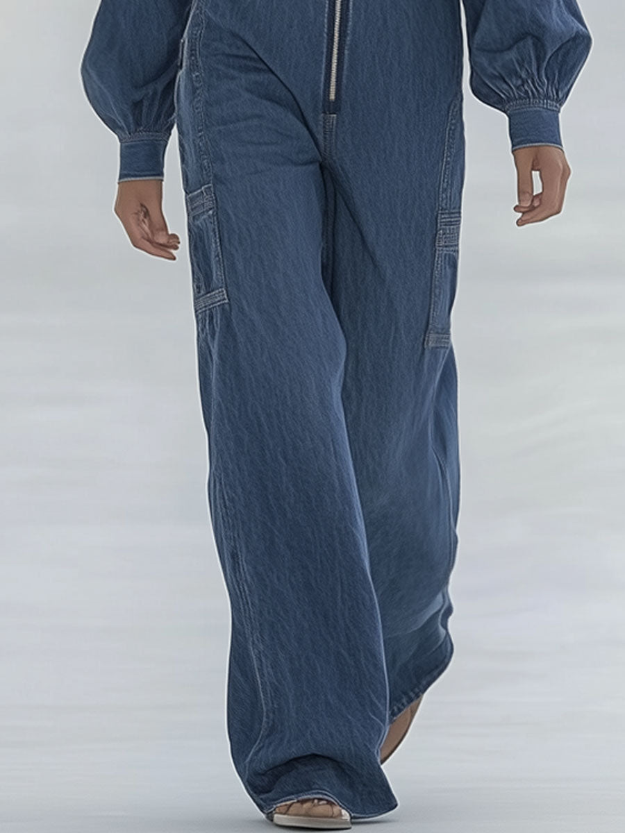 Fashion Street Blue Washed Zipper Lapel Puff Sleeve Jumpsuit