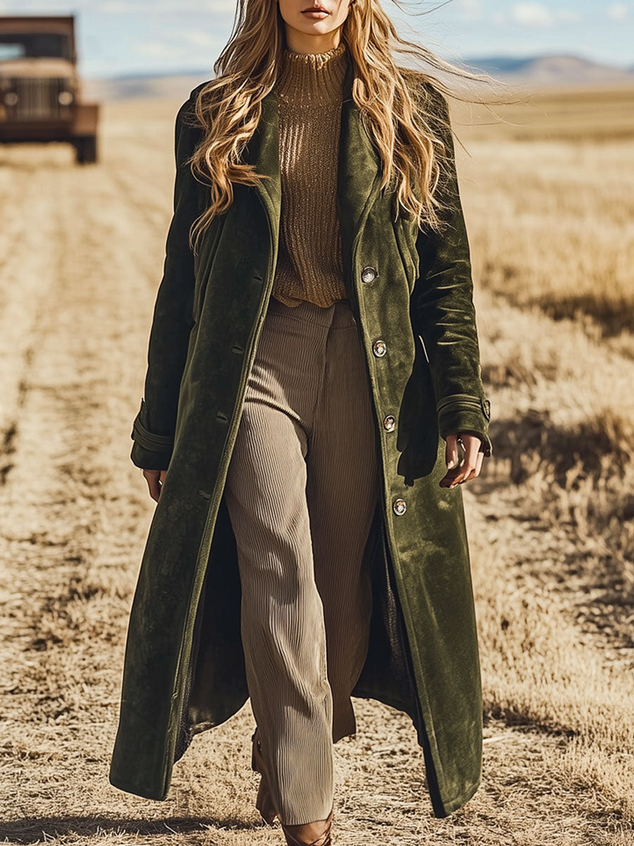 Casual Loose Western Vintage Army Green Velvet Long Coat