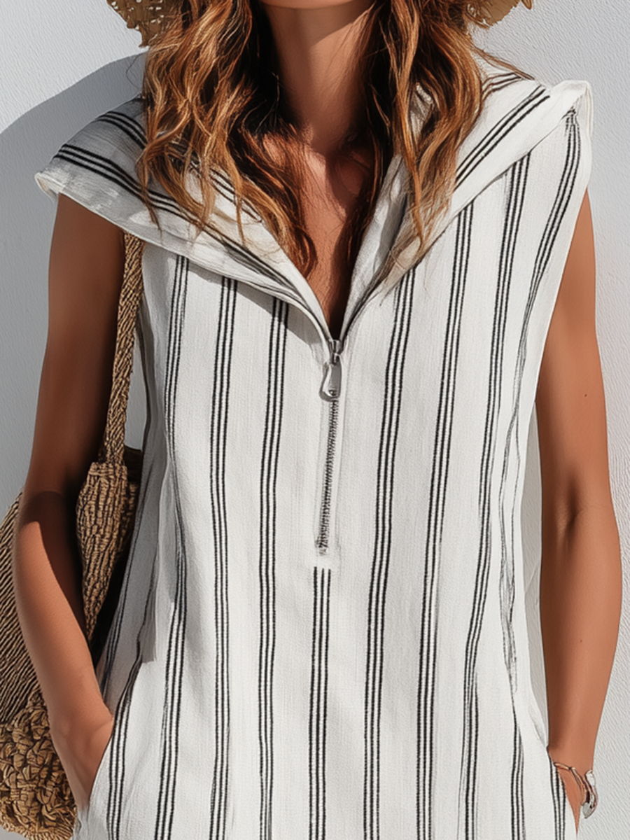 Resort-style Black And White Striped Sleeveless Hooded Maxi Dress