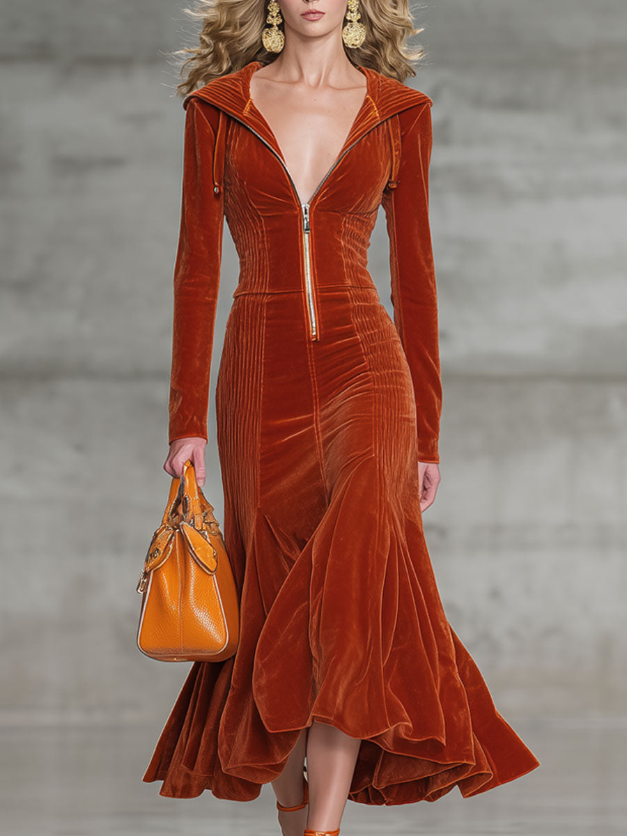 Fashionable And Casual Reddish Brown Velvet Long-Sleeved Hooded Open-Waisted Midi Dress