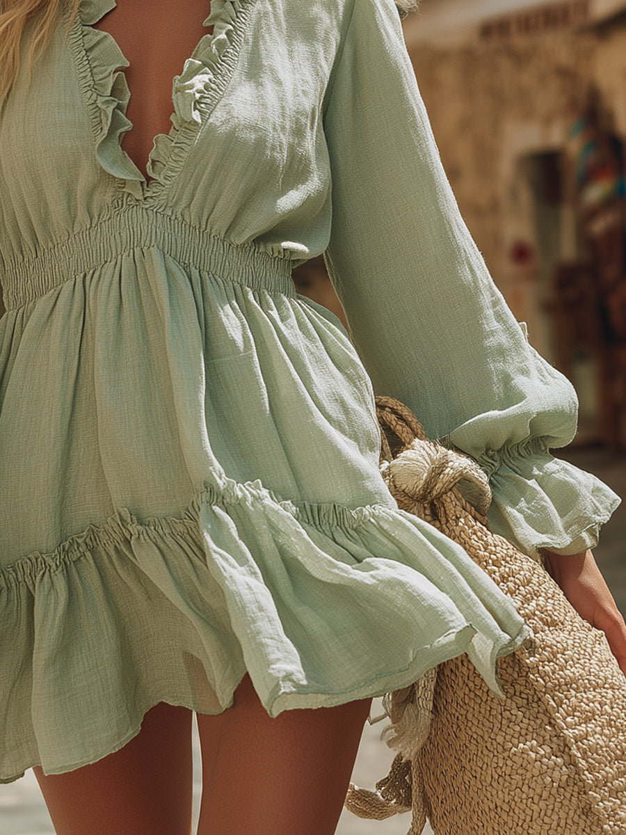 Casual Vacation Sage Green Cotton Linen Long-Sleeved Ruffled Mini Dress
