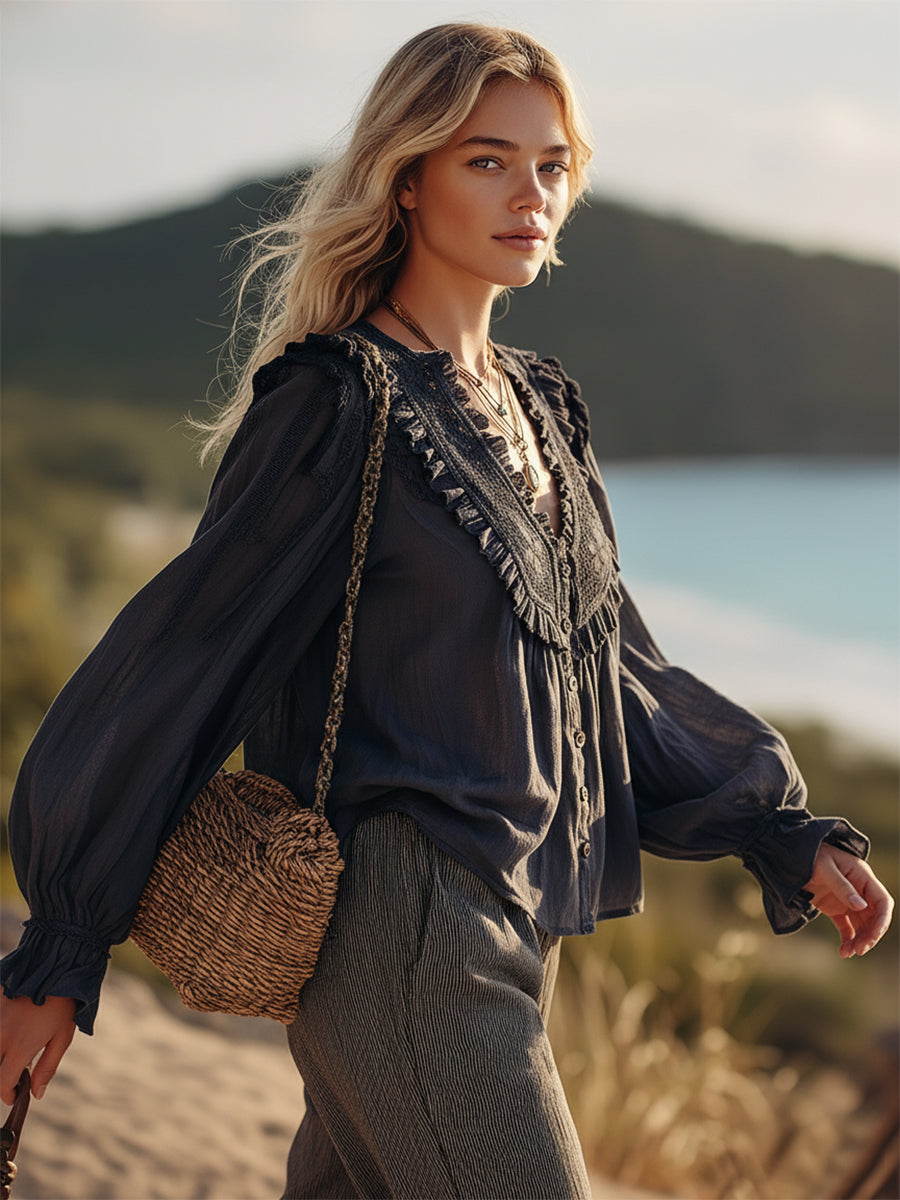 Bohemian Casual Navy Blue Cotton Linen V-neck Loose Shirt