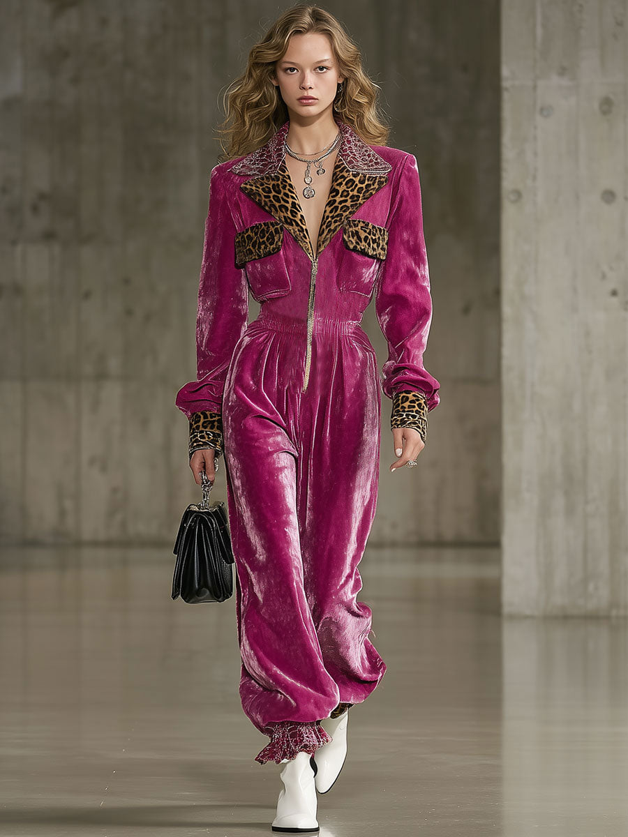 Casual Fashion Retro Leopard Print Rose Red Velvet Jumpsuit