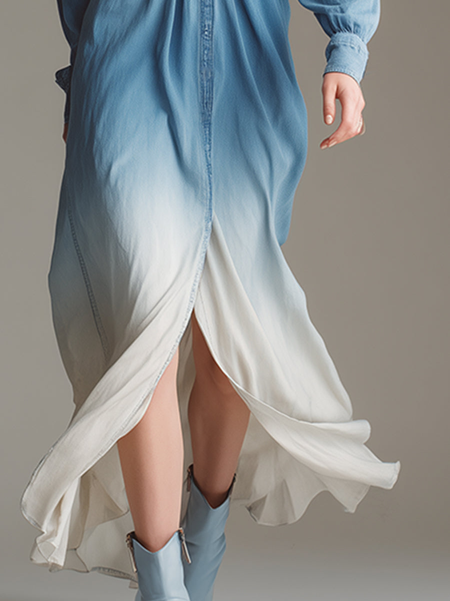 Fashionable Blue Gradient White Lapel Denim Maxi Dress