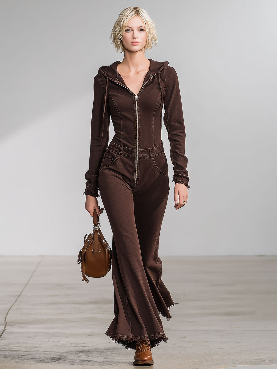 Western Retro Hooded Cocoa Brown Denim Flared Raw-Edge Long-Sleeved Jumpsuit