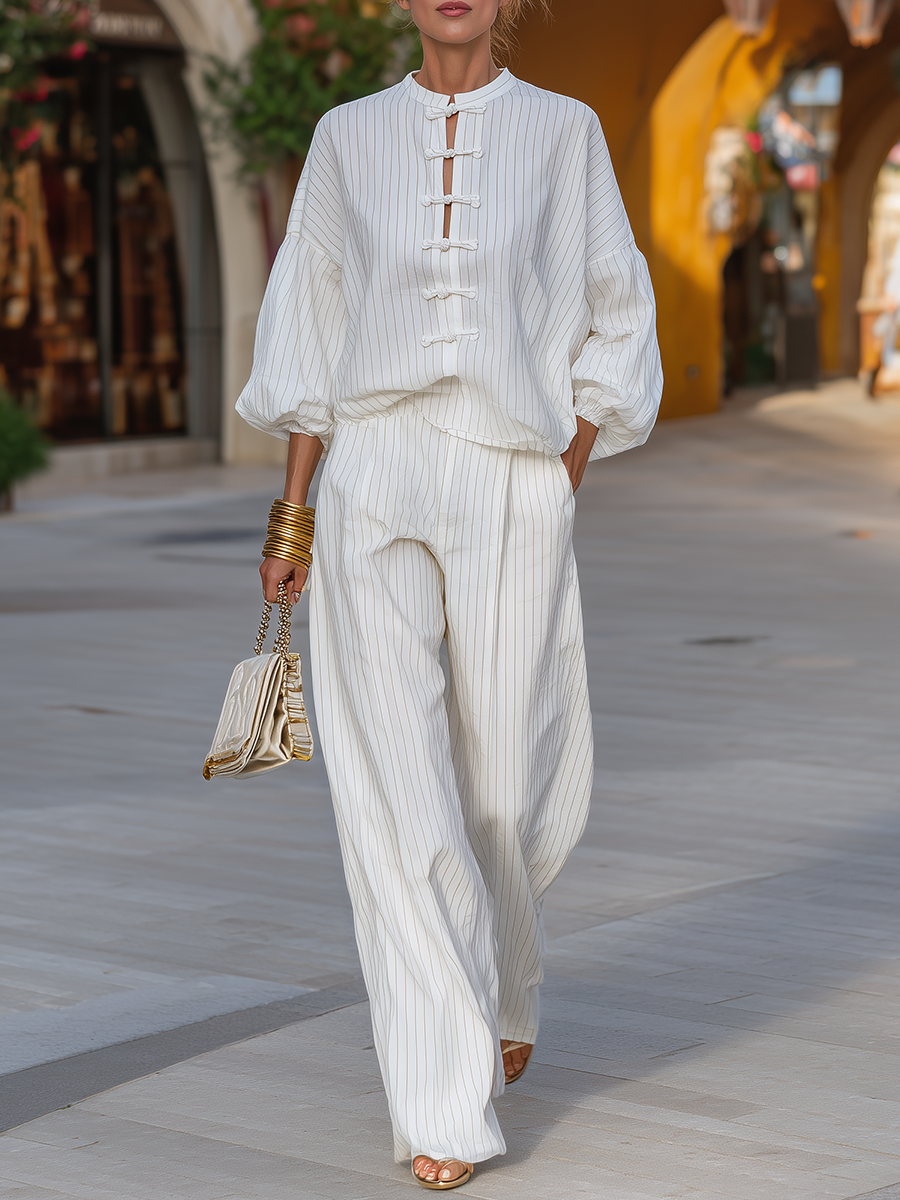 Casual And Stylish Chinese Knot Buttons Striped Cotton Shirt And Wide-leg Trousers Set