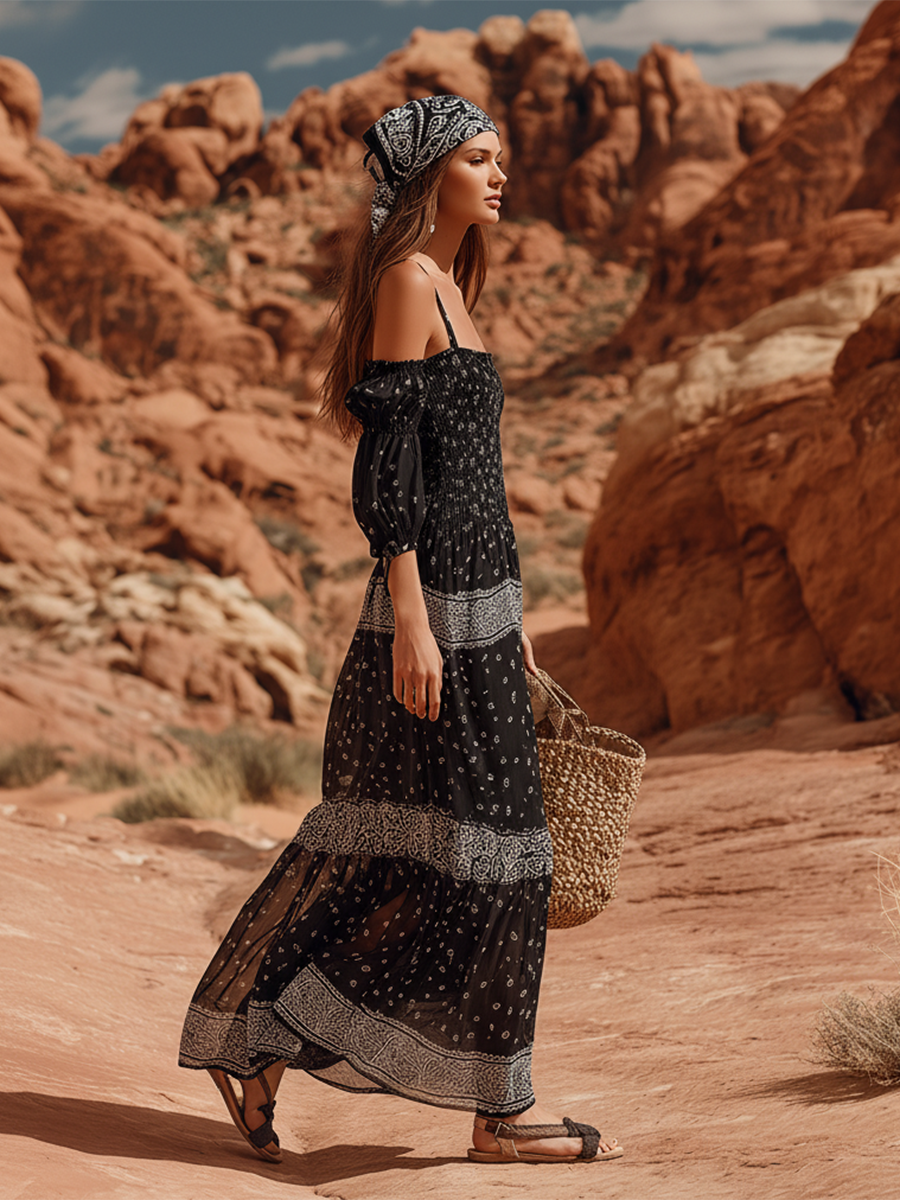 Romantic Vacation Style Short-sleeved Thin-strapped Black Floral Chiffon Maxi Dress