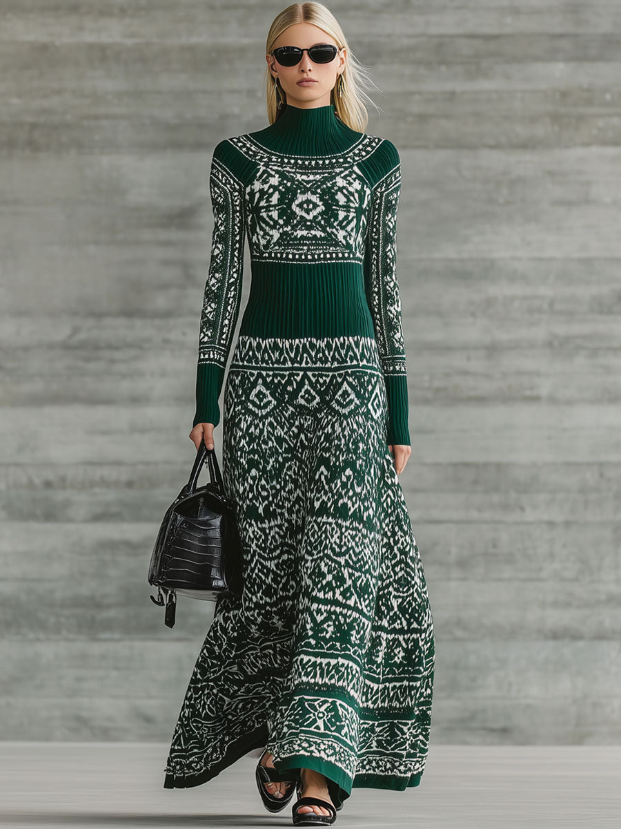 Retro Ethnic Geometric Dark Green Knitted High Collar Maxi Dress