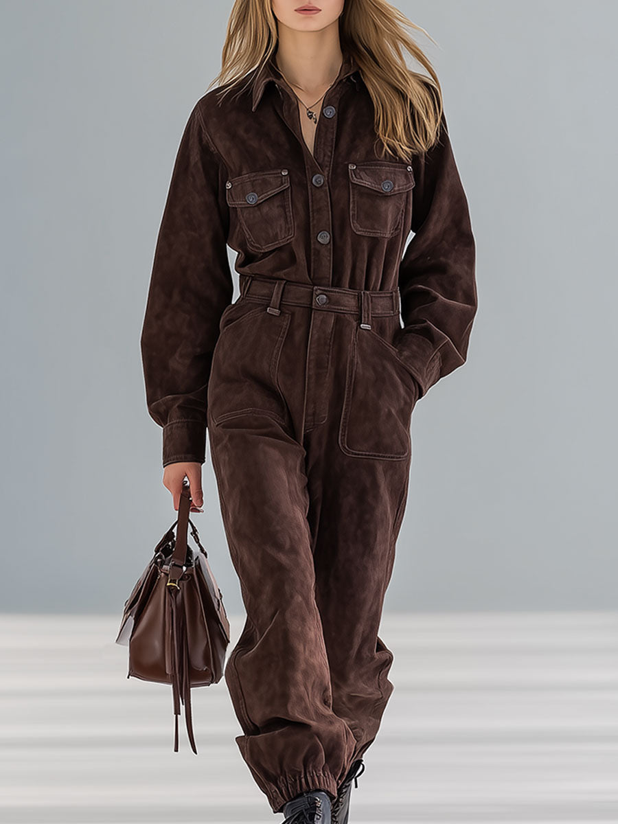 Fashion Retro Brown Faux Suede Button Jumpsuit