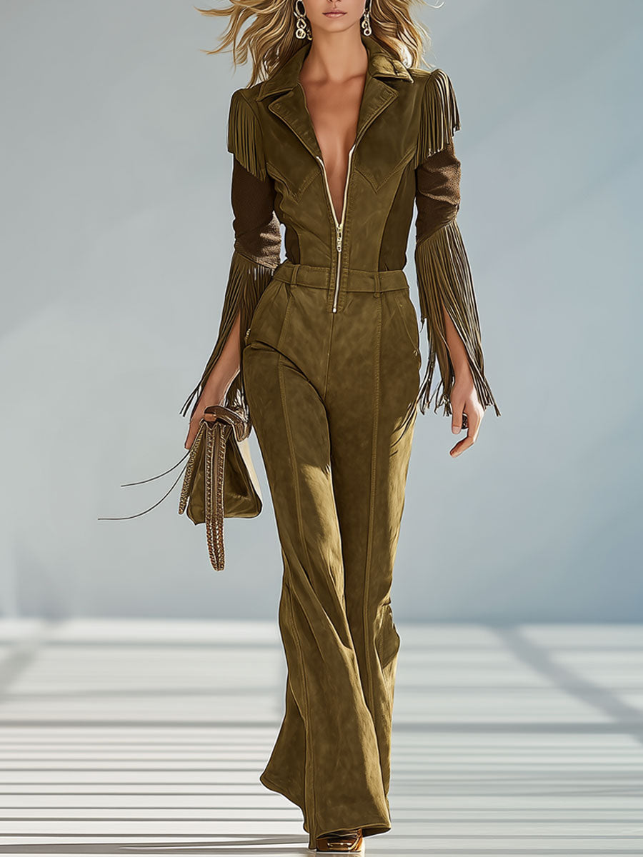 Fashion Retro Olive Green Faux Suede Lapel Tassel Long Sleeve Jumpsuit