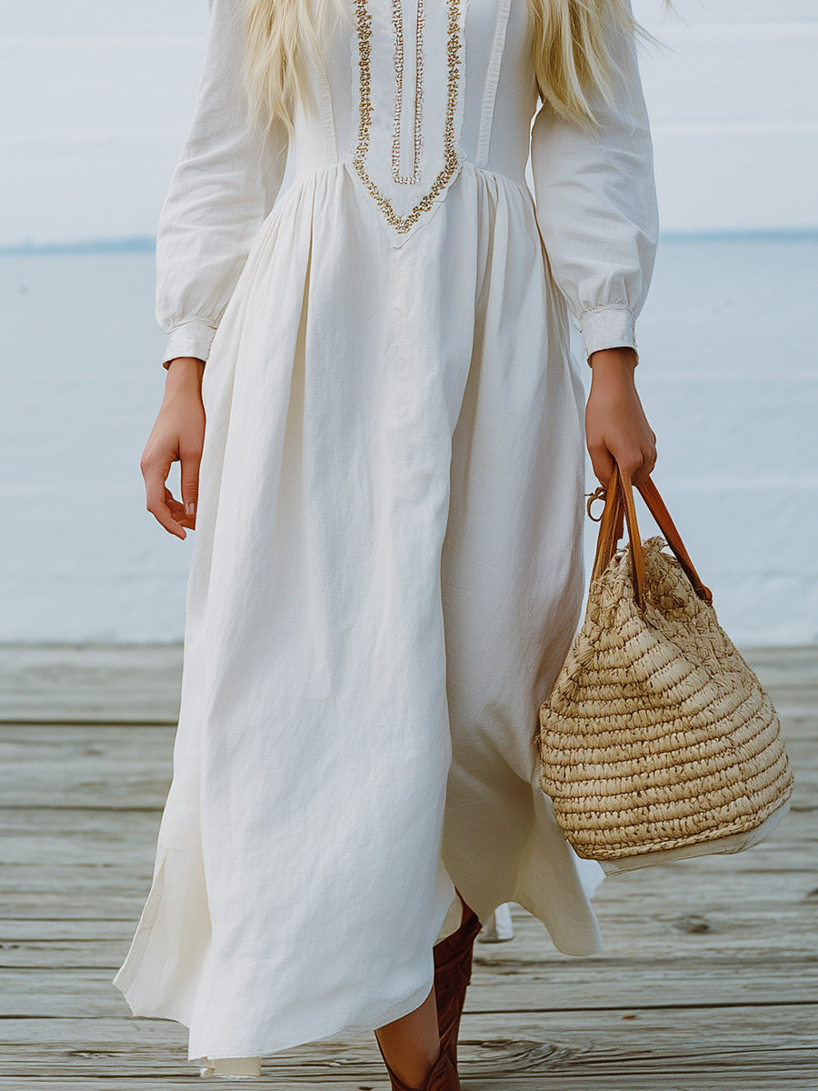 Elegant Resort-style Embroidered White Cotton And Linen Maxi Dress