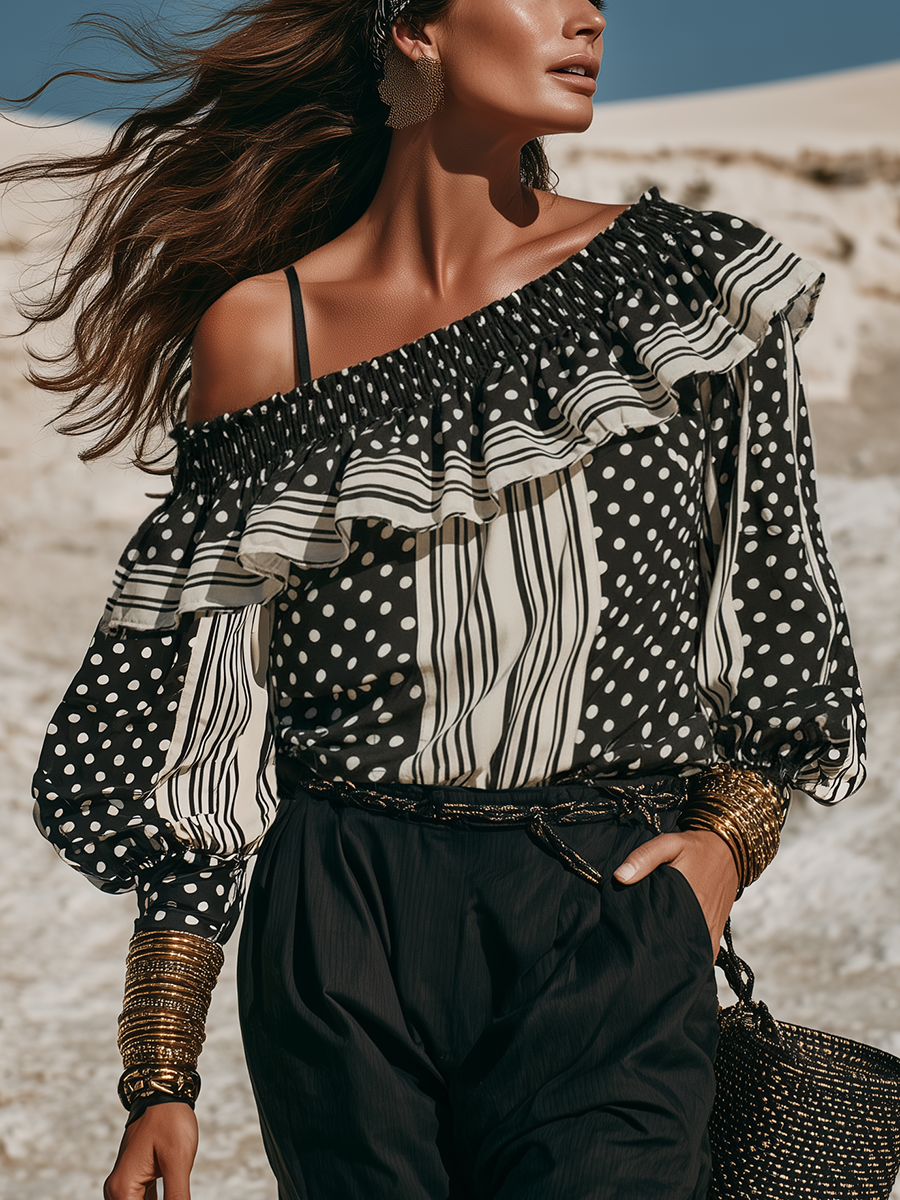 Stylish And Sophisticated Polka Dot And Stripe Patchwork Ruffle Blouse
