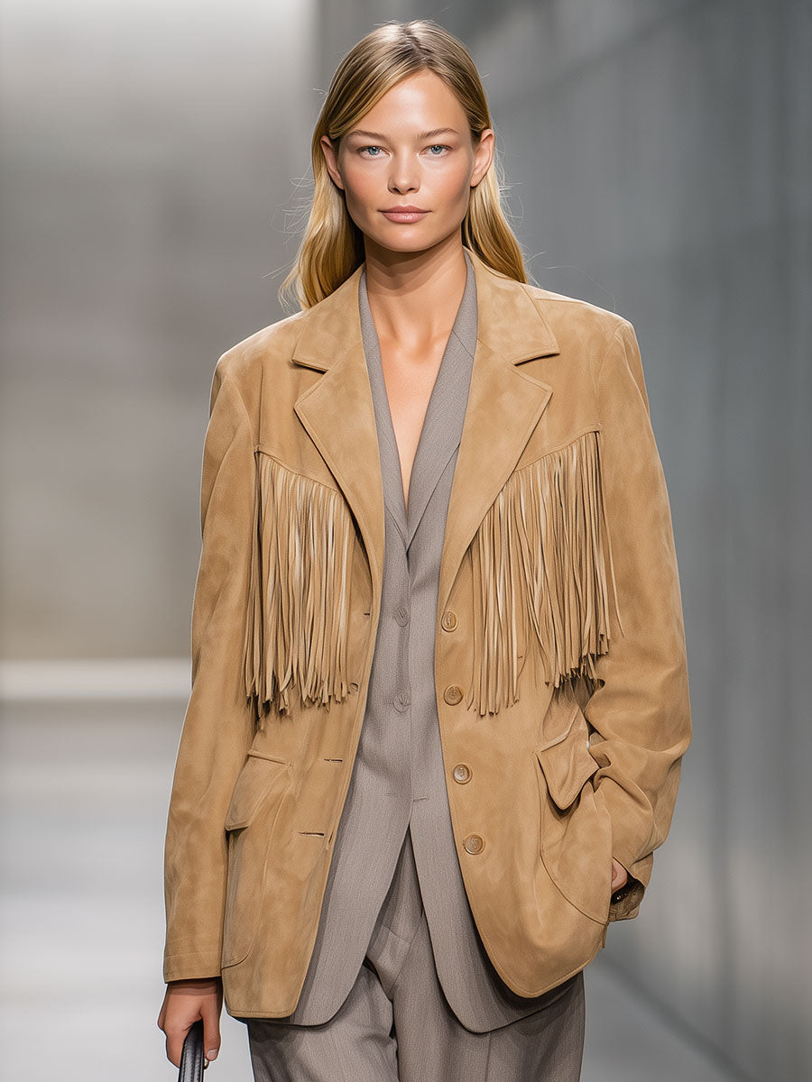Casual Vintage Khaki Anti-suede Fringe Jacket