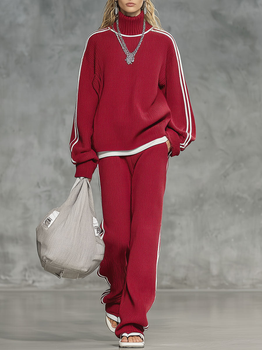 Casual Retro Striped Red Turtleneck Sweater Wide-Leg Pants Set