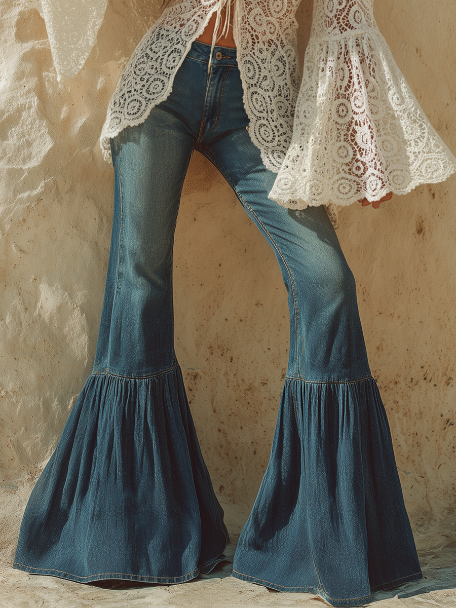Romantic Bohemian Style Ruffled Denim Flare Pants