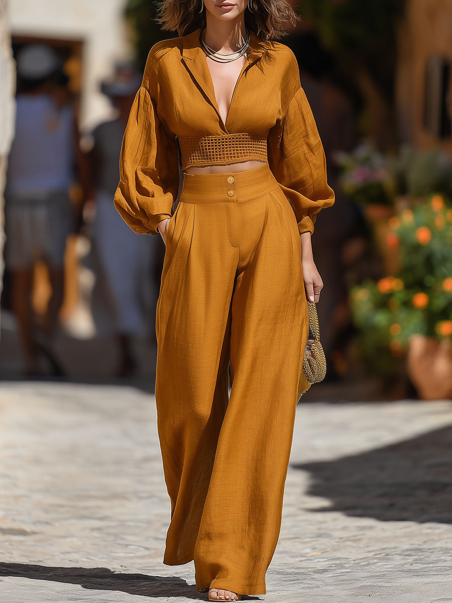 Vacation-style V-neck Patchwork Knit Long-sleeved Top And Pants Set